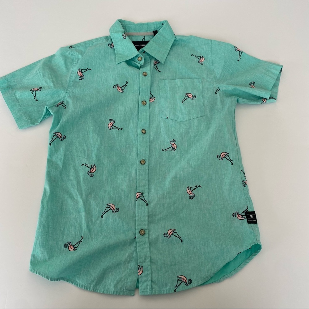 Ocean Current Aqua Flamingo Print Short Sleeve Button Down Shirt Sz L Cotton